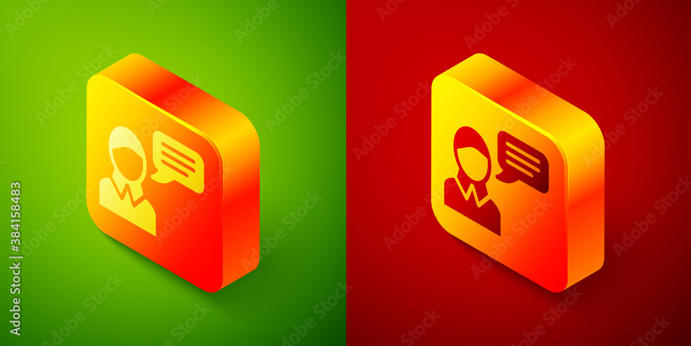Isometric Speech bubble chat icon isolated on green and red background. Message icon. Communication or comment chat symbol. Square button. Vector. Isometric Speech bubble chat icon isolated on green and red background. Message icon. Communication or comment chat symbol. Square button. Vector.