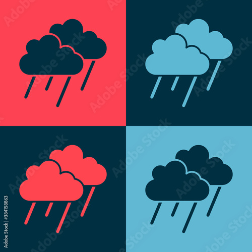 Pop art Cloud with rain icon isolated on color background. Rain cloud precipitation with rain drops. Vector.