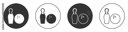 Black Bowling pin and ball icon isolated on white background. Sport equipment. Circle button. Vector.