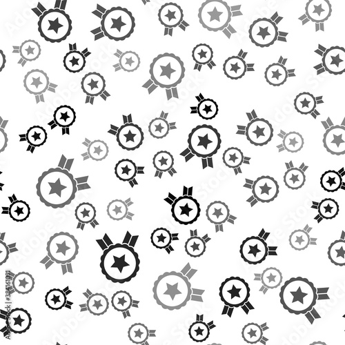 Black Medal with star icon isolated seamless pattern on white background. Winner achievement sign. Award medal. Vector.
