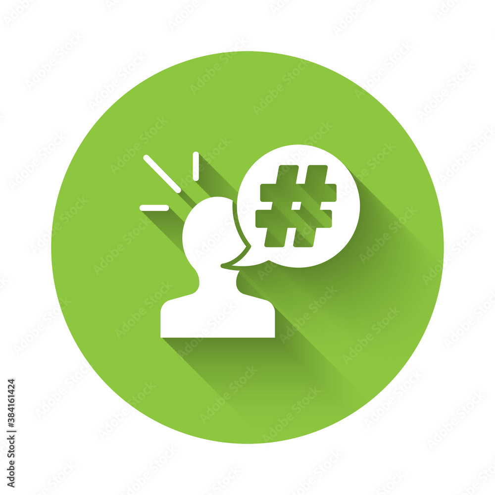 White Protest icon isolated with long shadow. Meeting, protester, picket, speech, banner, protest placard, petition, leader, leaflet Green circle button Vector illustration White Protest icon isolated with long shadow. Meeting, protester, picket, speech, banner, protest placard, petition, leader, leaflet Green circle button Vector illustration