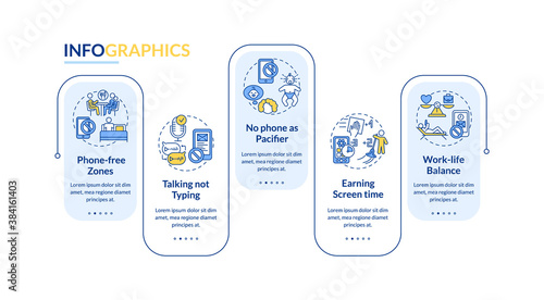Technology addiction prevention vector infographic template. Work-life balance presentation design elements. Data visualization with 5 steps. Process timeline chart. Workflow layout with linear icons
