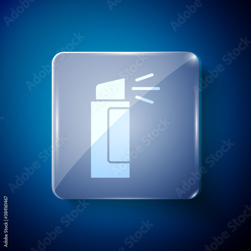 White Pepper spray icon isolated on blue background. OC gas. Capsicum self defense aerosol. Square glass panels. Vector.