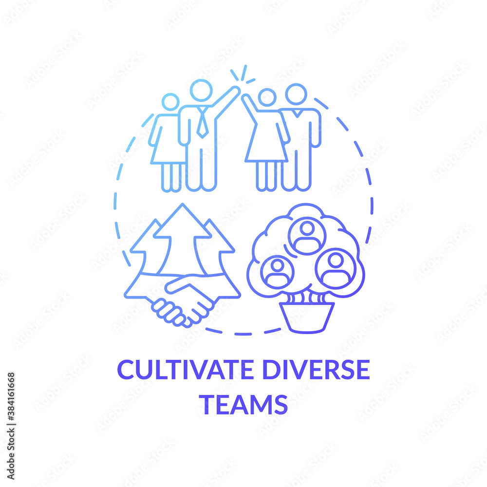 Cultivate diverse teams concept icon. Gender diversity implementation advices. Best skills for organization team idea thin line illustration. Vector isolated outline RGB color drawing Cultivate diverse teams concept icon. Gender diversity implementation advices. Best skills for organization team idea thin line illustration. Vector isolated outline RGB color drawing