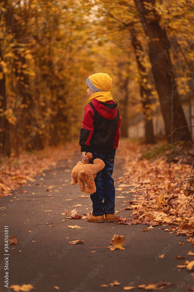Fototapeta premium A child with a toy in his hand is standing in the autumn park. View from the back. Boy in a yellow hat with a teddy bear in his hand. Childhood.