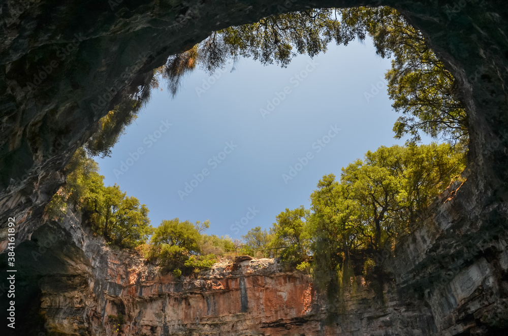 Fototapeta premium View of the vertical shaft of Melissani Cave, in Kefalonia, Greece
