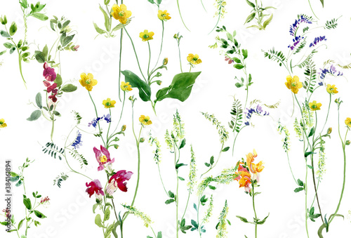 Floral Arrangements Seamless Pattern, Watercolor Wild Flowers Textile Design, Coutry Lifestyle Rustic Motifs