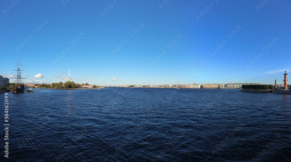 Panorama of the Neva river from the Vasilyevskaya Strelka. Saint-Petersburg