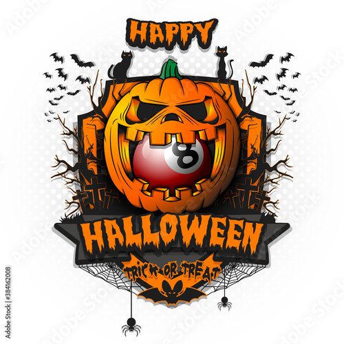 Happy Halloween. Billiard ball inside frightening pumpkin. Cats, bats, spiders, trees, crosses. Design template for banner, poster, greeting card, flyer, party invitation. Vector illustration