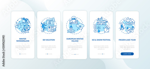 Winter vacation places onboarding mobile app page screen with concepts. Snowy wonderland, ski trip walkthrough 5 steps graphic instructions. UI vector template with RGB color illustrations