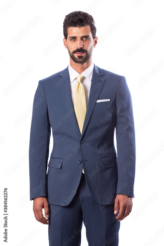 A young man wearing a black suit on a white background A young man wearing a black suit on a white background