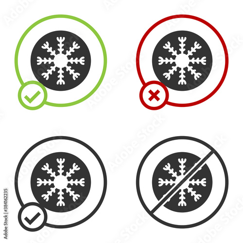 Black Snowflake icon isolated on white background. Circle button. Vector.