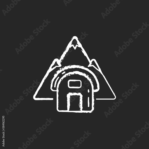 Bivouac shelter chalk white icon on black background. Improvised camp site. Backpacking. Scouting. Temporary tent. Encampment. Bivy sack. Traveling. Isolated vector chalkboard illustration