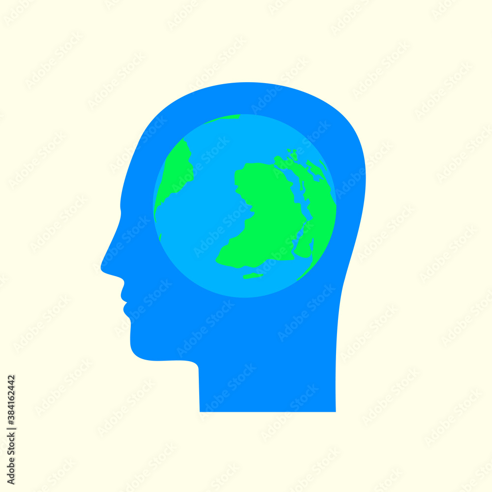 Blue silhouette of a human head in profile with the planet Earth in the brain area. Decorative vector banner, avatar, logo or icon for web. Vector illustration of globe in a human head