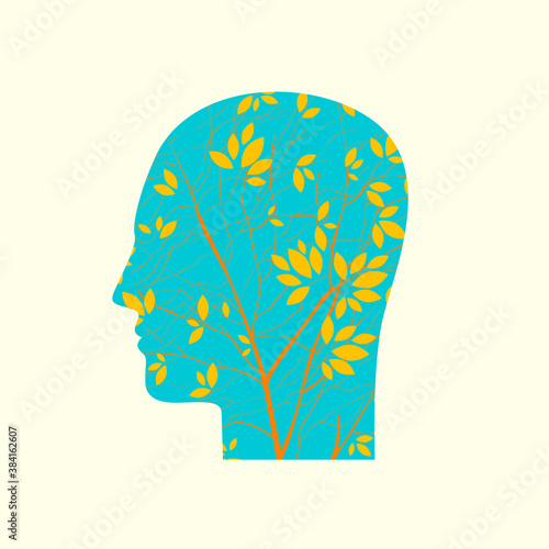 Blue human head in profile with branches of young tree as a concept for positive thinking or environmental protection. Decorative vector illustration, icon, avatar or logo