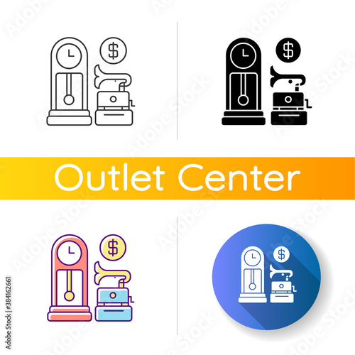 Antique store icon. Linear black and RGB color styles. Rare and vintage goods sale. Retail business, consumerism. Business of buying and reselling retro items. Isolated vector illustrations
