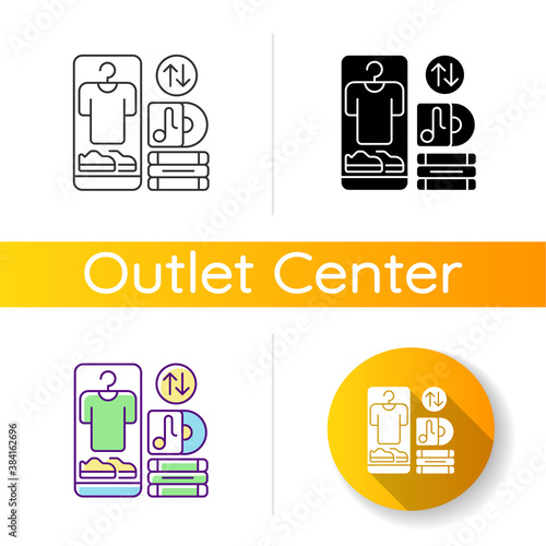 Swap meet icon. Linear black and RGB color styles. Items exchange deal, trading goods of equal value. Consumerism, barter. Sharing personal belongings. Isolated vector illustrations