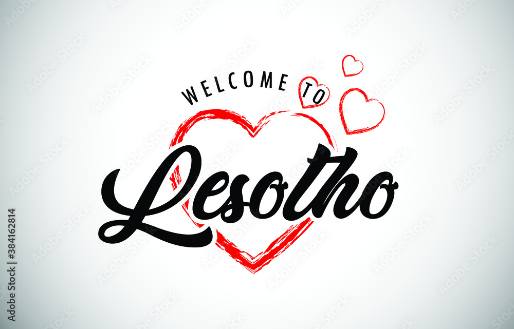 Lesotho Welcome To Message with Handwritten Font in Beautiful Red Hearts Vector Illustration.