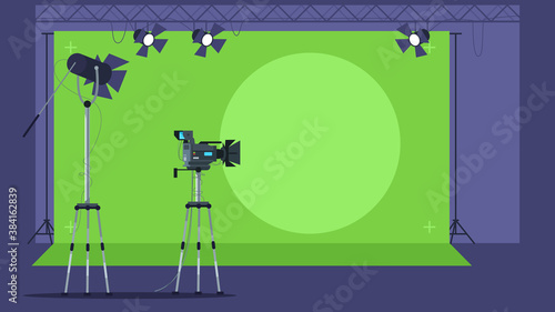 News show filming semi flat vector illustration. Professional television camera. Broadcasting equipment. Tv content creation area. Studio interior 2D cartoon scenery for commercial use
