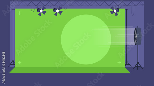 Special effects filming semi flat vector illustration. Professional television equipment. Big fan for creating movie films. Super heroes film. Studio interior 2D cartoon scenery for commercial use