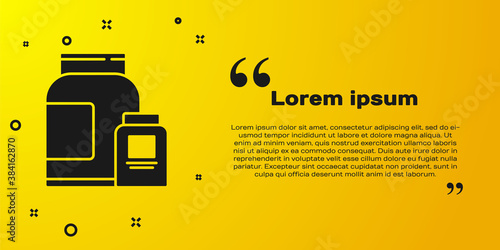 Black Sports nutrition bodybuilding proteine power drink and food icon isolated on yellow background. Vector.