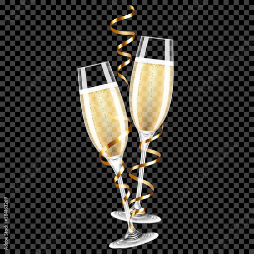 Champagne glasses and champagne with gold ribbon, isolated on dark background.