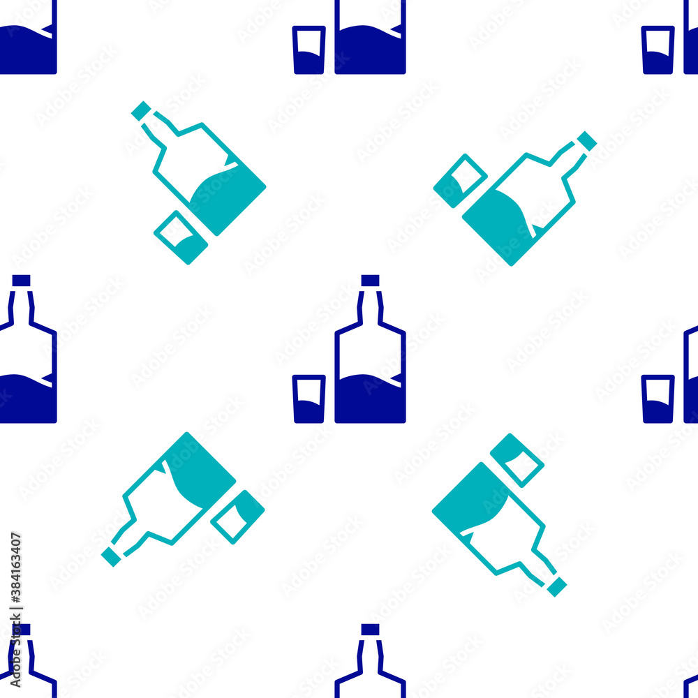 Blue Tequila bottle and shot glass icon isolated seamless pattern on white background. Mexican alcohol drink. Vector. Blue Tequila bottle and shot glass icon isolated seamless pattern on white background. Mexican alcohol drink. Vector.