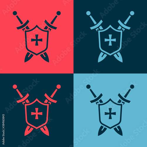 Pop art Medieval shield with crossed swords icon isolated on color background. Vector.