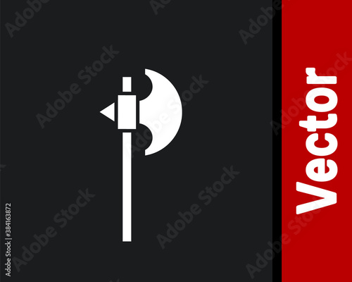 White Medieval axe icon isolated on black background. Battle axe, executioner axe. Medieval weapon. Vector.