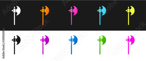Set Medieval axe icon isolated on black and white background. Battle axe, executioner axe. Medieval weapon. Vector.