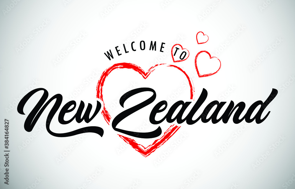 New Zealand Welcome To Message with Handwritten Font in Beautiful Red Hearts Vector Illustration.