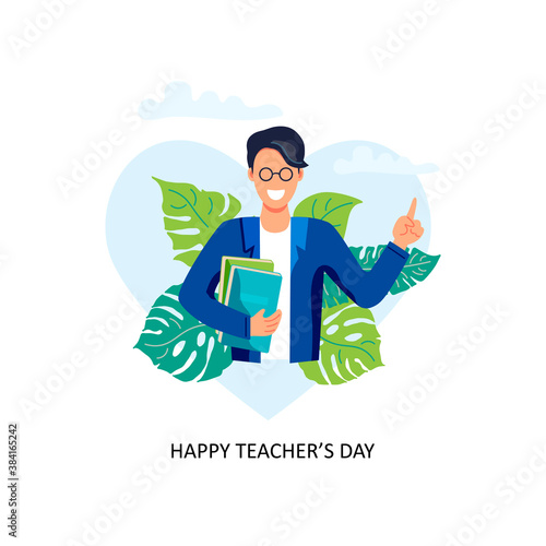 Happy Teacher's day. Male teacher with books. Vector illustration. Flat cartoon style design.