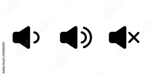 Volume icon inluding sound on, mute and low volume. sound icon.
