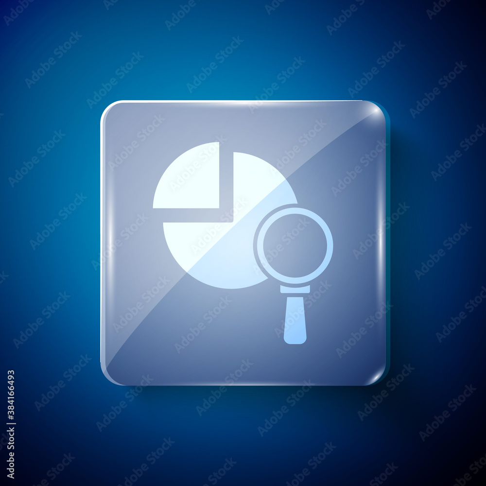 White Magnifying glass and data analysis icon isolated on blue background. Square glass panels. Vector. White Magnifying glass and data analysis icon isolated on blue background. Square glass panels. Vector.