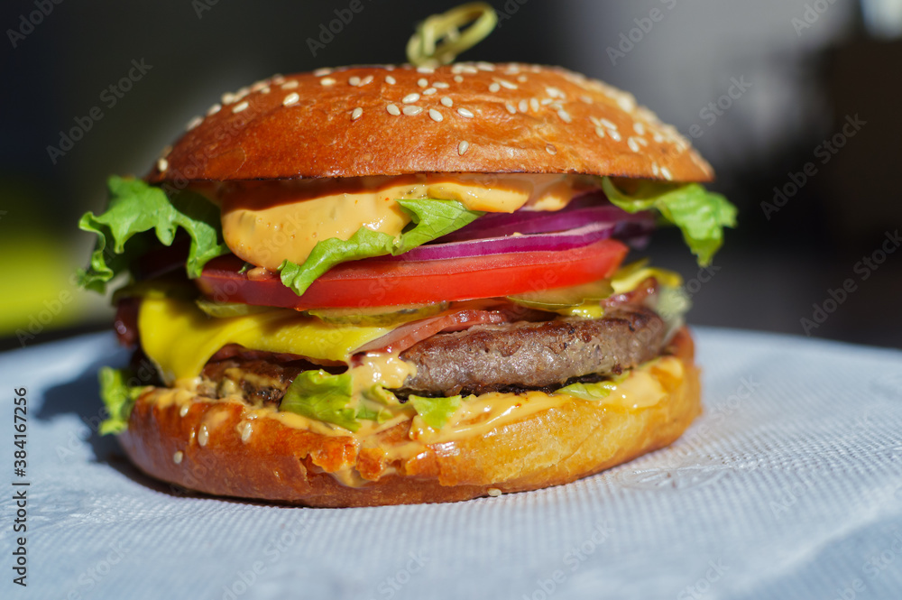 burger with fried meat and tomatoes on the table burger with fried meat and tomatoes on the table