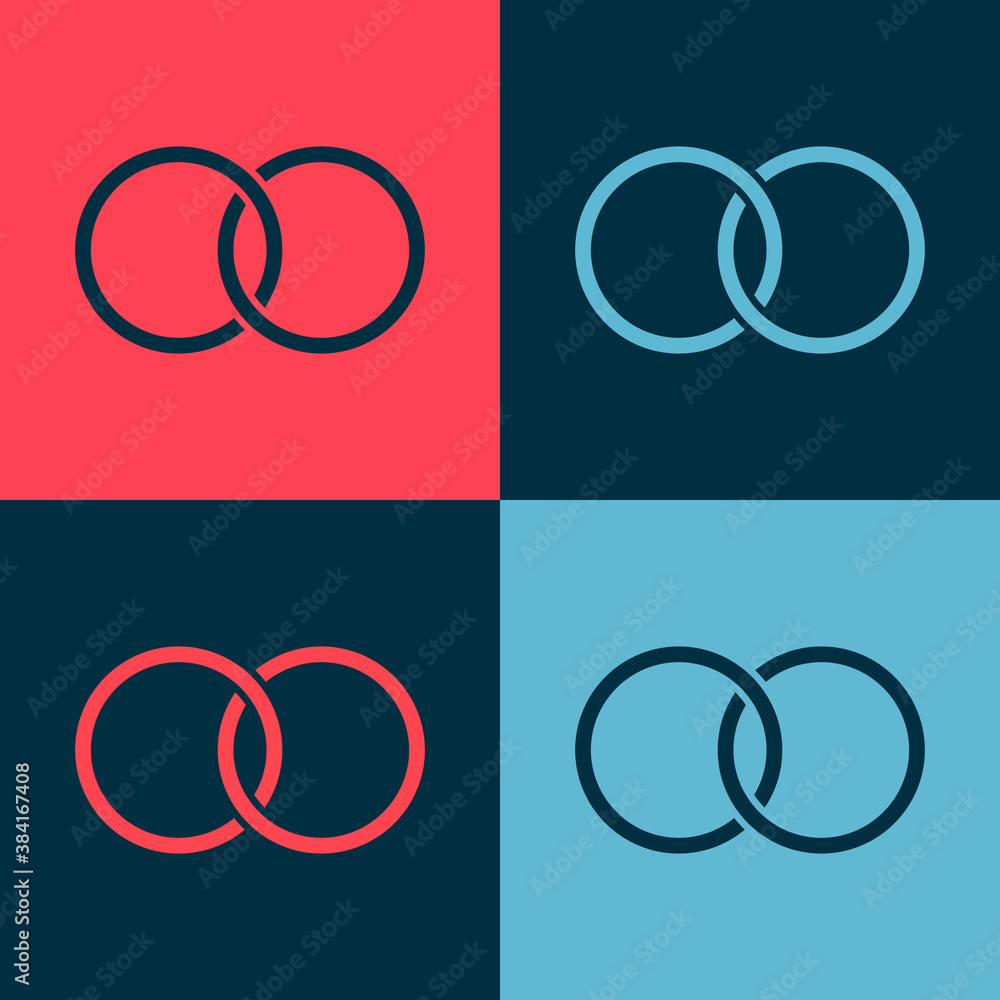 Pop art Wedding rings icon isolated on color background. Bride and groom jewelry sign. Marriage symbol. Diamond ring. Vector. Pop art Wedding rings icon isolated on color background. Bride and groom jewelry sign. Marriage symbol. Diamond ring. Vector.