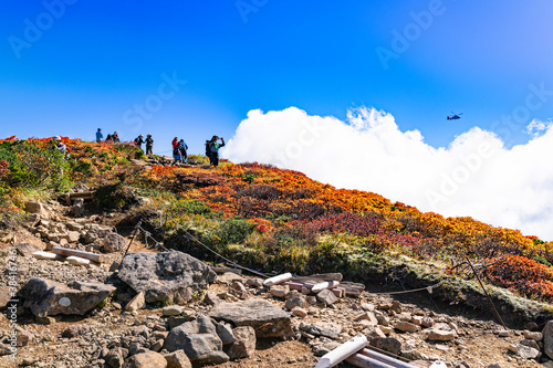 日本　栗駒山全山紅葉神の絨毯と登山道赤く染まる天馬尾根コース