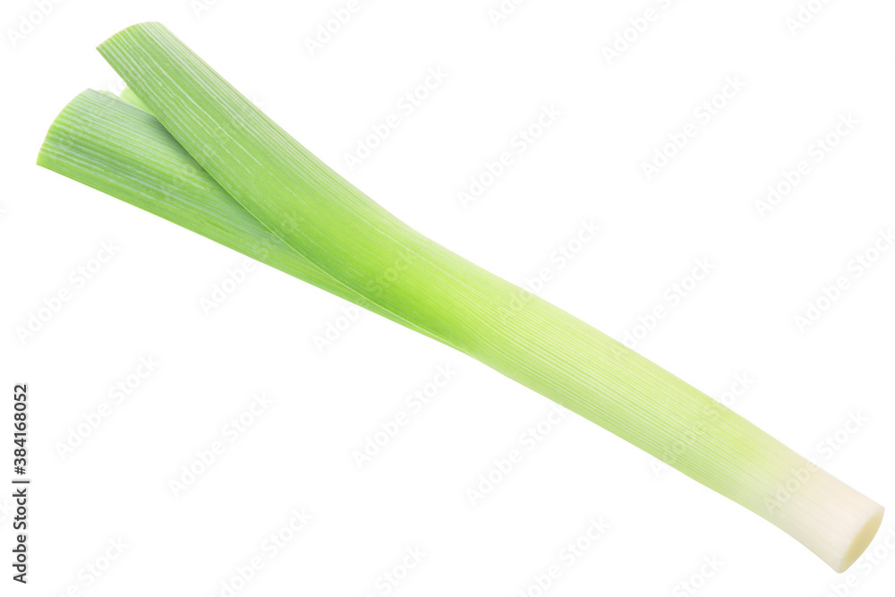 Leek, spring green onion stem isolated, top view Leek, spring green onion stem isolated, top view