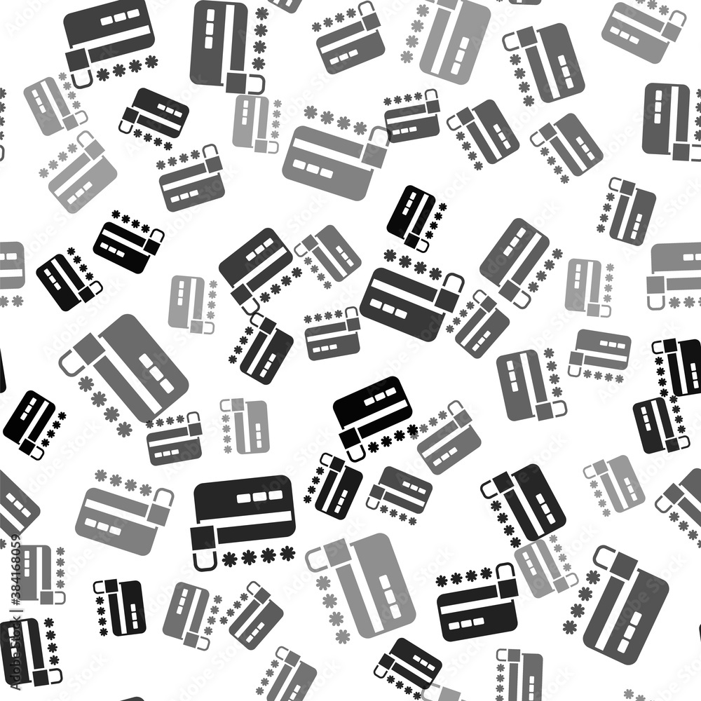 Fototapeta premium Black Credit card with lock icon isolated seamless pattern on white background. Locked bank card. Security, safety, protection. Concept of a safe payment. Vector.