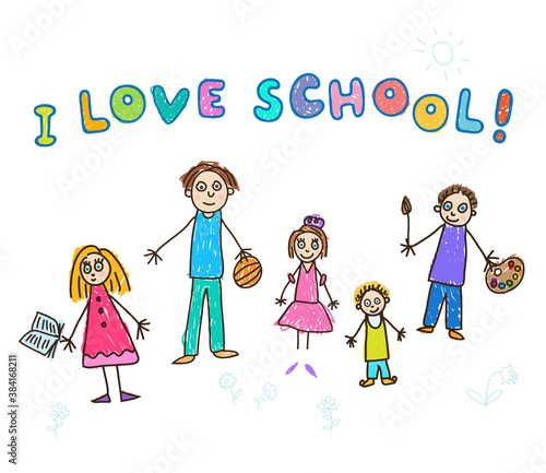Kids Drawing style. I love school. Five caucasian children with art and sport accessories vector illustration