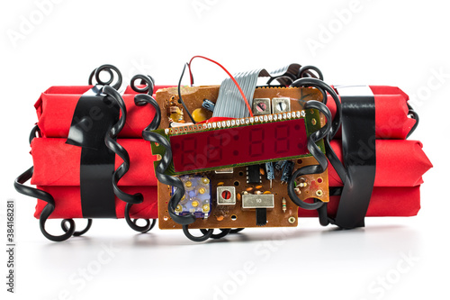 Closeup of home made bomb with digital display, wires and circuit board.