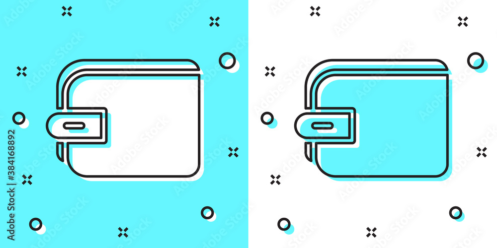 Black line Wallet icon isolated on green and white background. Purse icon. Cash savings symbol. Random dynamic shapes. Vector. Black line Wallet icon isolated on green and white background. Purse icon. Cash savings symbol. Random dynamic shapes. Vector.