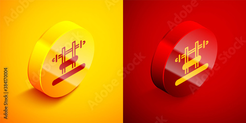 Isometric Bench with barbel icon isolated on orange and red background. Gym equipment. Bodybuilding, powerlifting, fitness concept. Circle button. Vector.