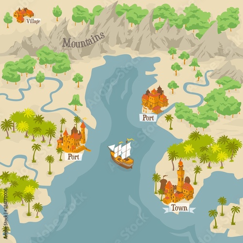 Map builder illustrations for fantasy and medieval cartography and adventure games, landmark scene mapped