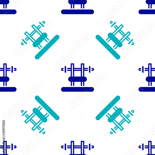 Blue Bench with barbel icon isolated seamless pattern on white background. Gym equipment. Bodybuilding, powerlifting, fitness concept. Vector.