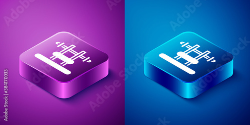 Isometric Bench with barbel icon isolated on blue and purple background. Gym equipment. Bodybuilding, powerlifting, fitness concept. Square button. Vector.