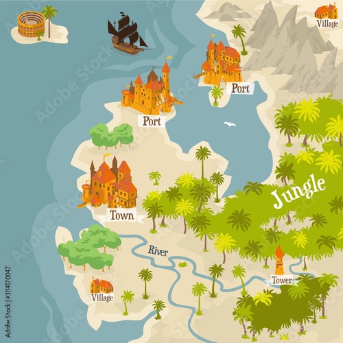 Map builder illustrations for fantasy and medieval cartography and adventure games, landmark scene mapped