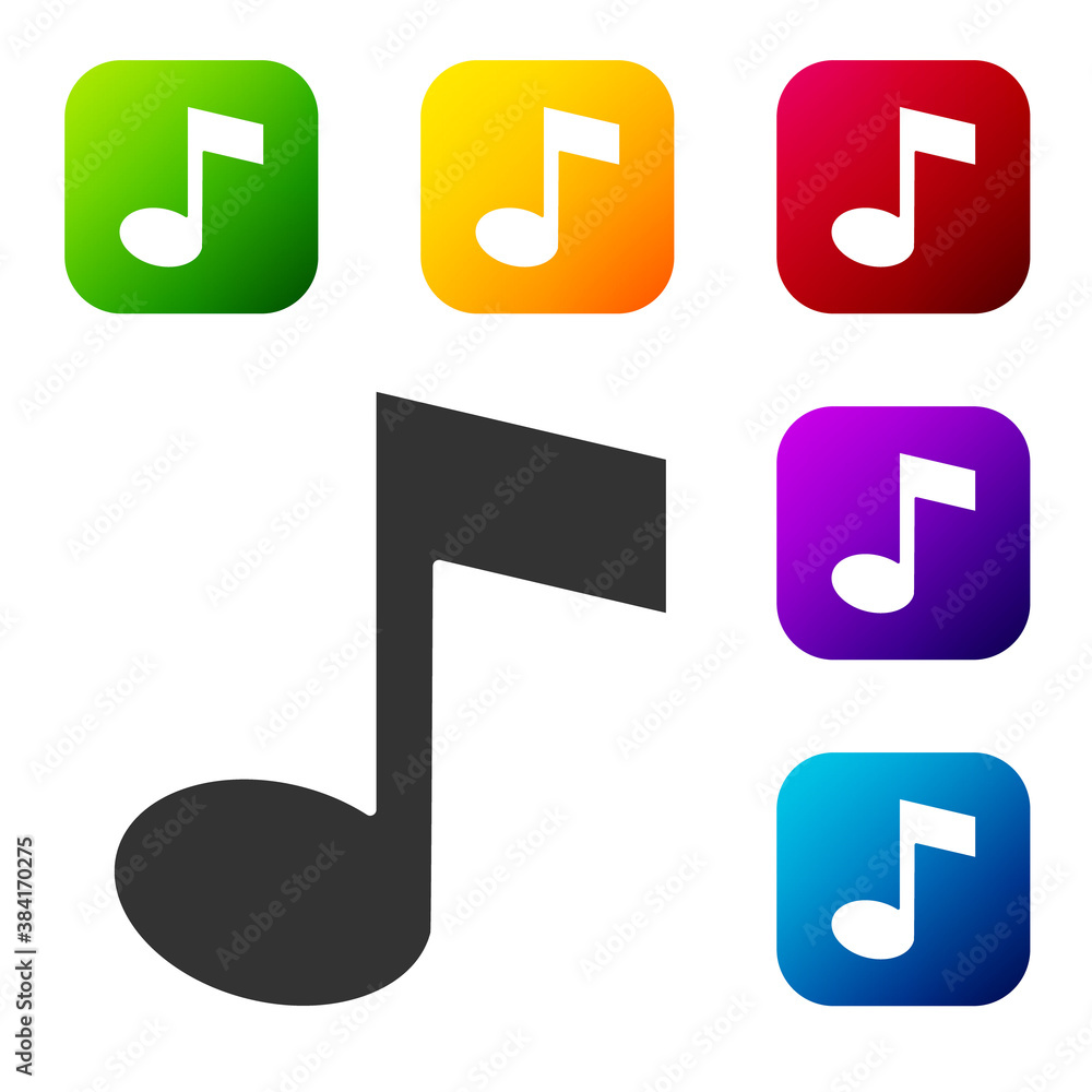 Black Music note, tone icon isolated on white background. Set icons in color square buttons. Vector. Black Music note, tone icon isolated on white background. Set icons in color square buttons. Vector.