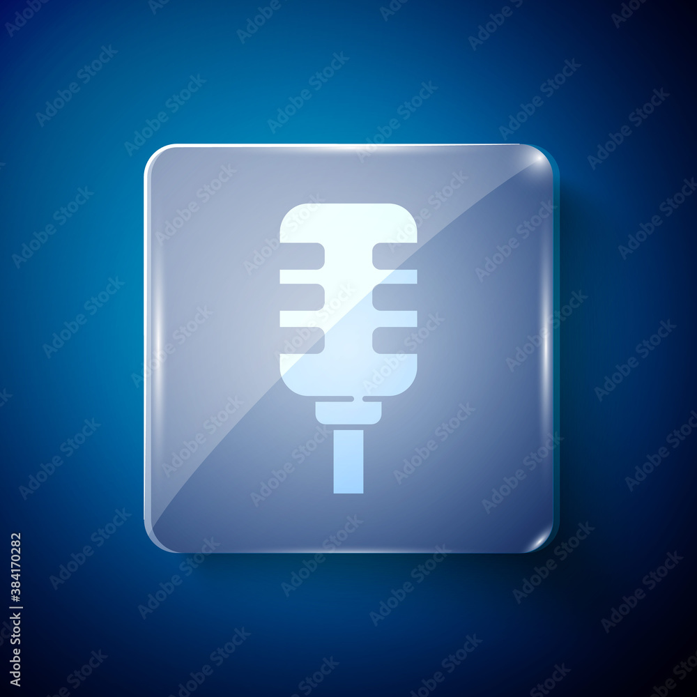 White Microphone icon isolated on blue background. On air radio mic microphone. Speaker sign. Square glass panels. Vector. White Microphone icon isolated on blue background. On air radio mic microphone. Speaker sign. Square glass panels. Vector.