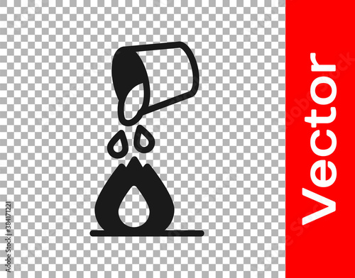 Black Water bucket extinguishing a fire icon isolated on transparent background. Vector.